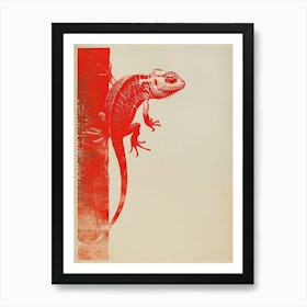 Red Chameleon Block Print Art Print