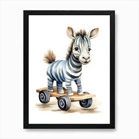 Baby Zebra On A Toy Car, Watercolour Nursery 3 Art Print