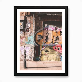 London, England I Shoreditch's colorful brick wall with street art photography and creative design graffiti mural at sunrise light on a Londoner street with an industrial aesthetic urban ambience cityscape Art Print