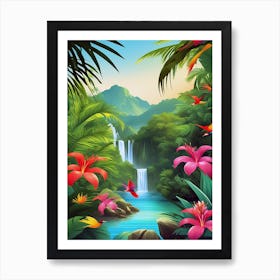 Tropical Landscape With Waterfall And Flowers Art Print