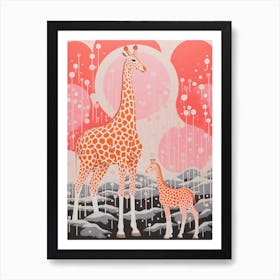 Giraffe & Calf Pink 3 Art Print