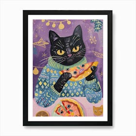 Black Cat Eating A Pizza Slice Folk Illustration 2 Art Print