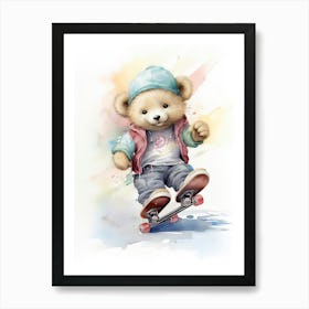 Skateboarding Teddy Bear Painting Watercolour 1 Art Print