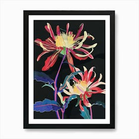 Neon Flowers On Black Chrysanthemum 3 Art Print