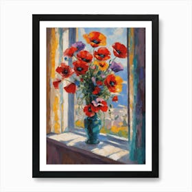 Poppies in a Vase by the Window in the Style of Matisse, Vibrant Colorful Oil Painting For Feature Wall Decor High Resolution Beautiful 1 Art Print