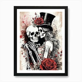 Floral Abstract Kissing Skeleton Lovers Ink Painting (8) Art Print