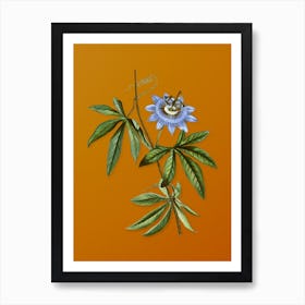 Vintage Blue Passionflower Botanical on Sunset Orange n.0814 Art Print