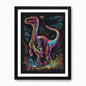 Neon Rainbow Dinosaur Line Illustration With Black Background 2 Art Print