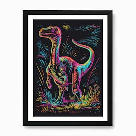 Neon Rainbow Dinosaur Line Illustration With Black Background 2 Poster