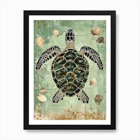 Sea Turtle & Shells Vintage Illustration 2 Art Print