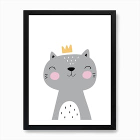 Scandi Grey Cat With Crown Art Print