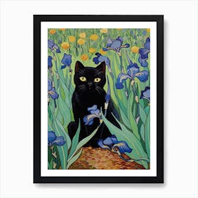 Vang Gogh Painting Irises With Black Cat Art Print