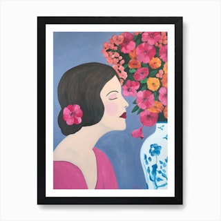 2 Woman With Chinoiserie Vase And Flowers Art Print