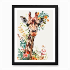 Giraffe With Flowers Watercolour 3 Art Print