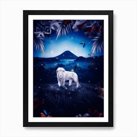 White Lion In Blue Jungle Art Print