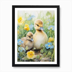 Floral Duckling Pencil Illustration 3 Art Print