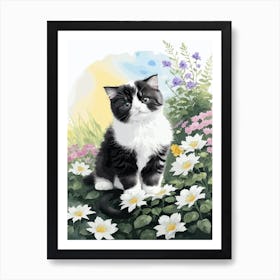 Cute Kitten And Flowers Watercolor Art Print