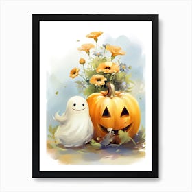 Cute Ghost With Pumpkins Halloween Watercolour 85 Art Print