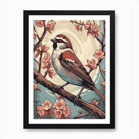 Vintage Bird Linocut House Sparrow 4 Art Print