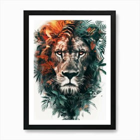 Double Exposure Realistic Lion With Jungle 22 Art Print