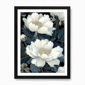 White Peonies On Black Background Poster