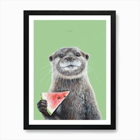 Portrait of a Otter with Watermelon Art Print