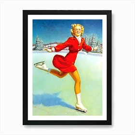 Pinup Ice Skating Girl In Red Dress Art Print