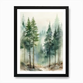 Appalachian Mountains of Misty Pines Watercolor Print of Evergreen Forest..137 Art Print