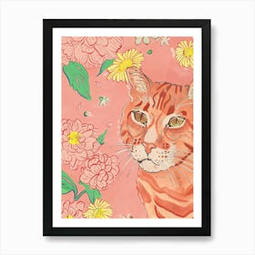 Cute Bengal Cat With Flowers Illustration 4 Art Print