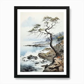 Shiretoko Peninsula In Hokkaido, Japanese Brush Painting, Ukiyo E, Minimal 3 Póster