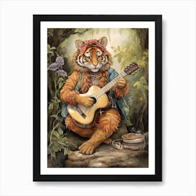 Tiger Illustration Playing An Instrument Watercolour 2 Art Print