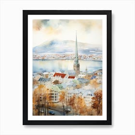 Reykjavik Iceland In Autumn Fall, Watercolour 4 Art Print