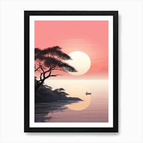 An Illustration In Pink Tones Of A Boat And Trees Overlooking The Ocean 1 Art Print