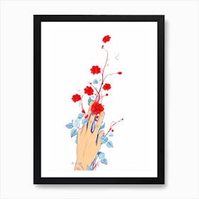 impure hand, Flowers In The Hand, vector art, digital art, flower portrait, hand and flowers, red flowers, flowers and vines Art Print