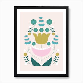Mustard Pink And Green Retro Flower Composition Art Print