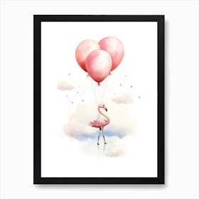 Baby Flamingo Flying With Ballons, Watercolour Nursery Art 1 Art Print