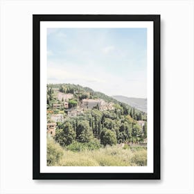 Florence, Italy I Tuscan landscape at Fiesole with mountains and cypresses, as near Milan or Rome in greenery nature with retro vintage pastel summer aesthetic photography of italian countryside old villages Art Print