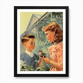 Vintage Retro Kids With Bird Illustration Kitsch 8 Art Print