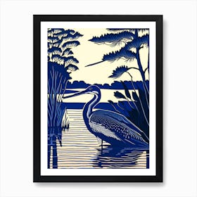 Blue Heron On Lake Vintage Linocut 2 Art Print