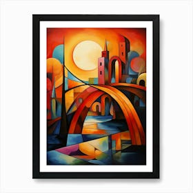 Bridges at Sunset I, Colorful Abstract Painting in Picasso Cubism Style Art Print