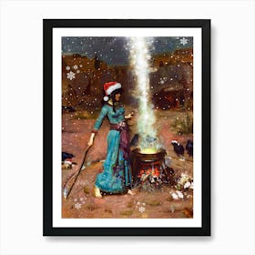 The Magic Christmas Circle - Witch in a Santa Hat Casting a Spell in the Snow - John Wiliam Waterhouse Art Print