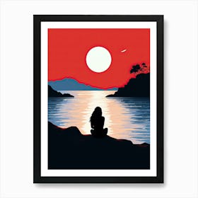 Sunset Silhouette Of A Woman, Loneliness Art Print