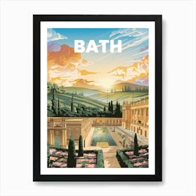 Anime Canvas Art: Charming Bath Scene with Roman Baths and Georgian Architecture Surrounded by Blooming Gardens, Ideal for Lofi and Historic Art Fans. Art Print