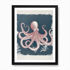 Linocut Inspired Navy Red Octopus With Coral 10 Art Print