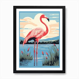 Vintage Bird Linocut Greater Flamingo 3 Art Print