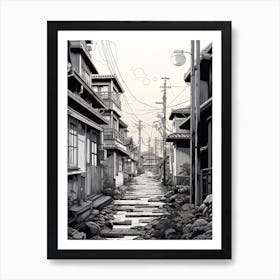 Tokyo In Japan, Ukiyo E Black And White Line Art Drawing 4 Art Print