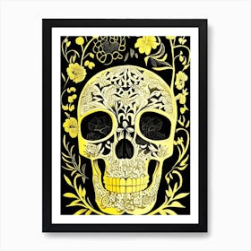 Skull With Floral Patterns Yellow Linocut Art Print
