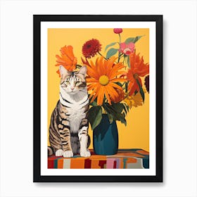 Zinnia Flower Vase And A Cat, A Painting In The Style Of Matisse 0 Art Print