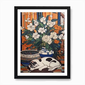 Drawing Of A Still Life Of Lilies With A Cat 1 Art Print
