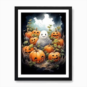 Cute Bedsheet Ghost, Botanical Halloween Watercolour 15 Art Print